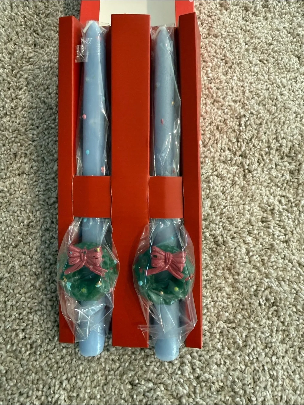 Anthropologie Red Boxed Taper Candles with Green Holders